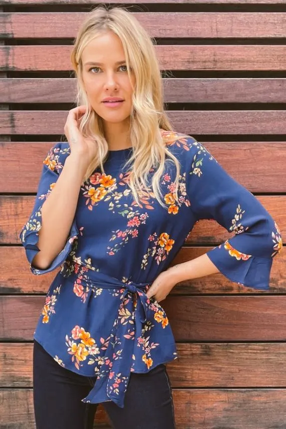 Sosandar Navy Floral Tie Waist Fluted Sleeve Top Navy Women Tops
