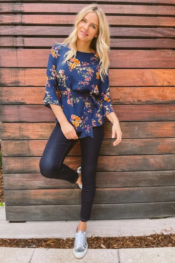 Sosandar Navy Floral Tie Waist Fluted Sleeve Top Navy Women Tops