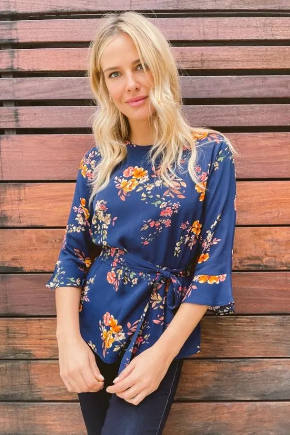 Sosandar Navy Floral Tie Waist Fluted Sleeve Top Navy Women Tops