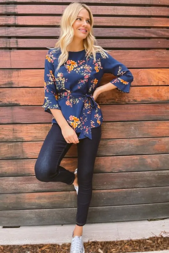 Sosandar Navy Floral Tie Waist Fluted Sleeve Top Navy Women Tops