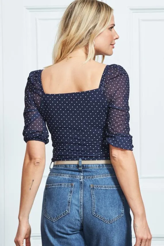 Sosandar Navy Spot Print Sweetheart Neckline Mesh Top Navy Women Tops