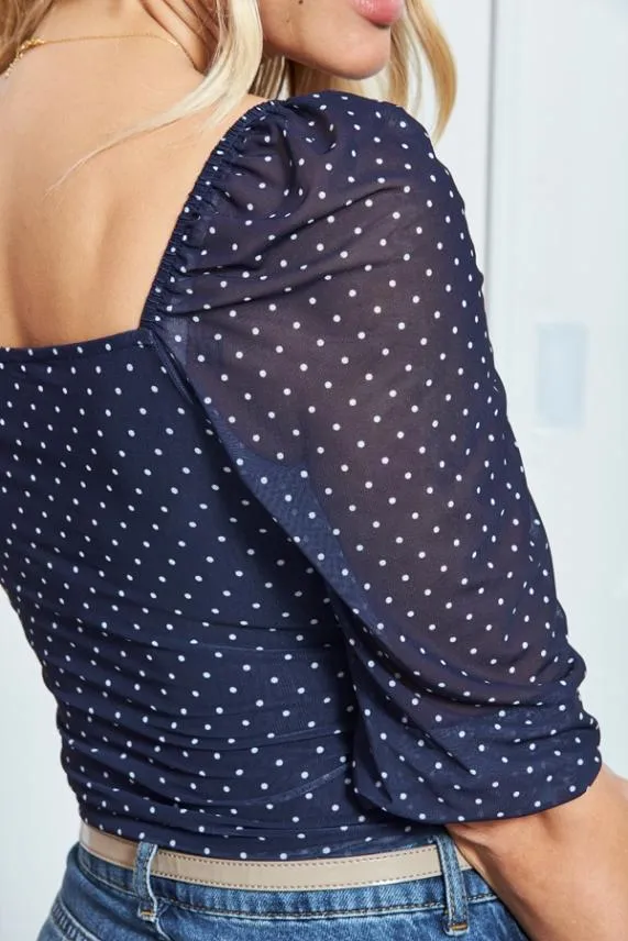 Sosandar Navy Spot Print Sweetheart Neckline Mesh Top Navy Women Tops