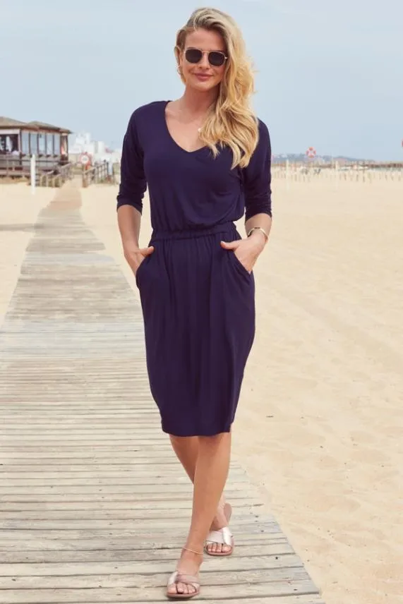 Sosandar Navy Super Soft V Neck Jersey Dress Navy Women Dresses