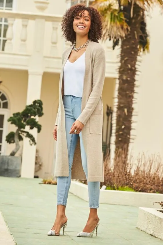 Sosandar Oatmeal Longline Belted Cardigan With Pockets Women Knitwear