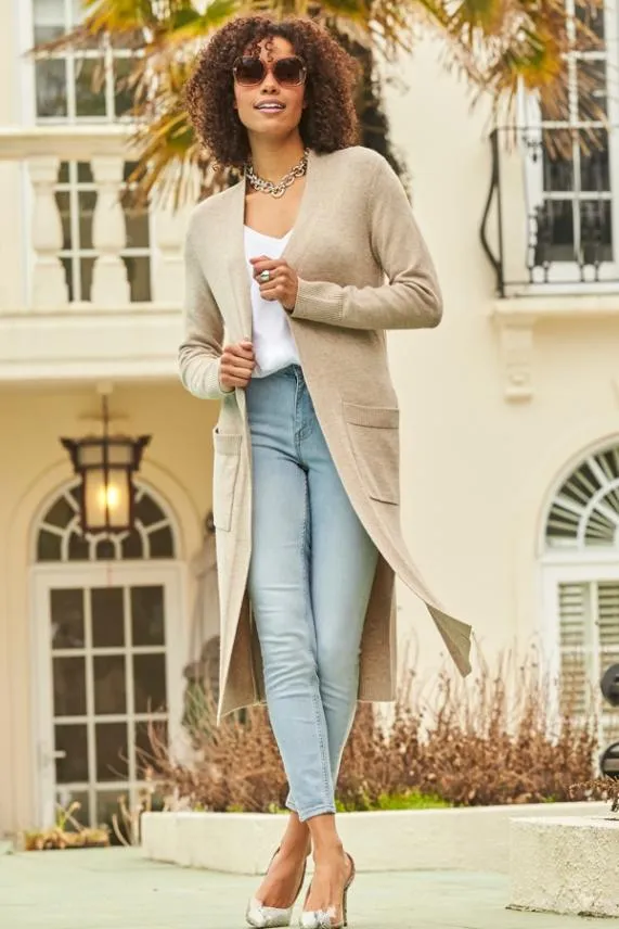 Sosandar Oatmeal Longline Belted Cardigan With Pockets Women Knitwear