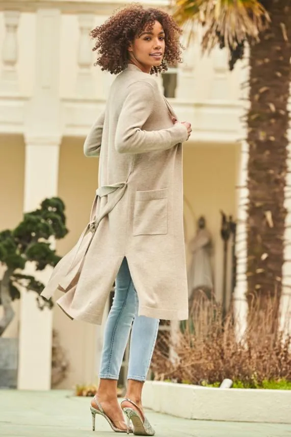 Sosandar Oatmeal Longline Belted Cardigan With Pockets Women Knitwear