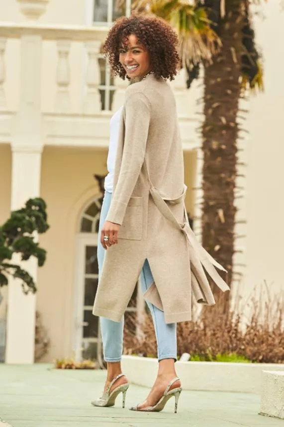 Sosandar Oatmeal Longline Belted Cardigan With Pockets Women Knitwear