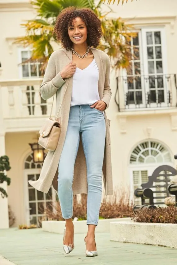 Sosandar Oatmeal Longline Belted Cardigan With Pockets Women Knitwear
