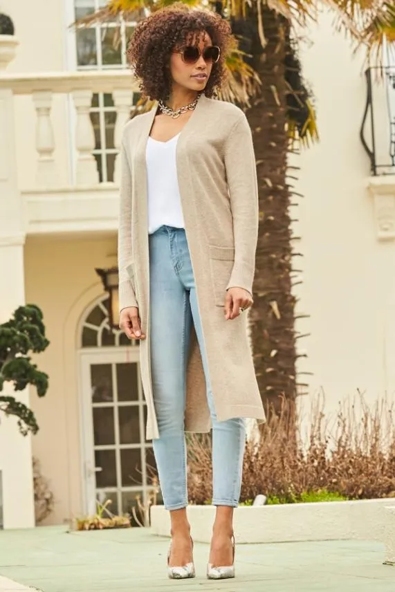 Sosandar Oatmeal Longline Belted Cardigan With Pockets Women Knitwear