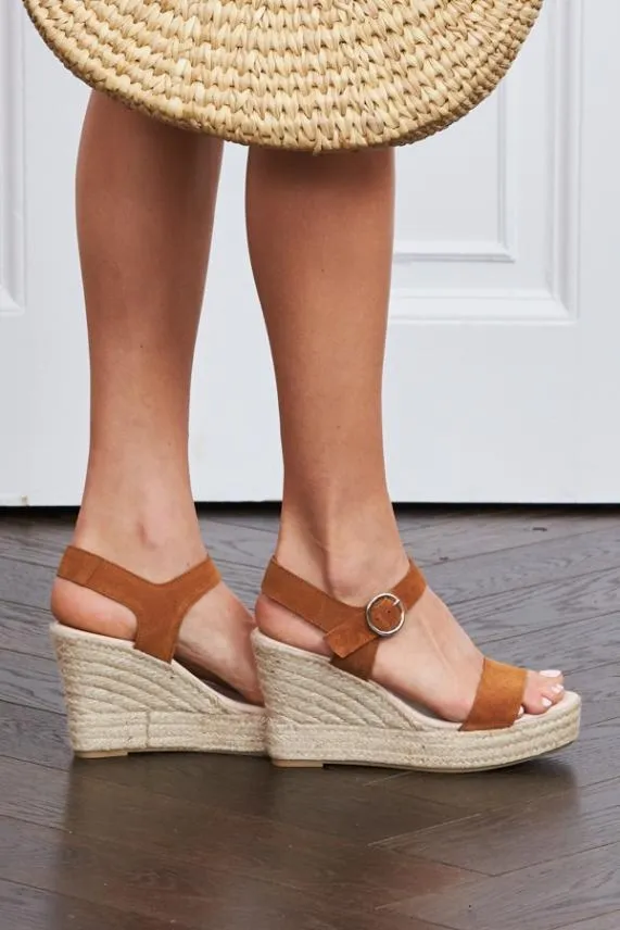 Sosandar Paige Tan Suede Circle Buckle Wedge Espadrille Women Sandals and Flip Flops