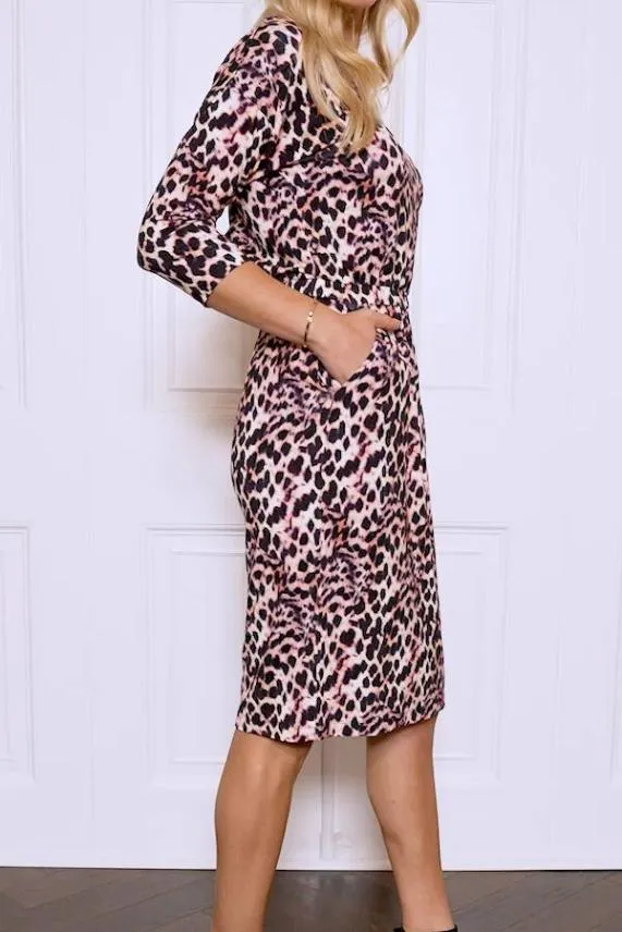 Sosandar Pink and Black Animal Print Stretch Waist Dress With Pockets Pink Black Women Dresses