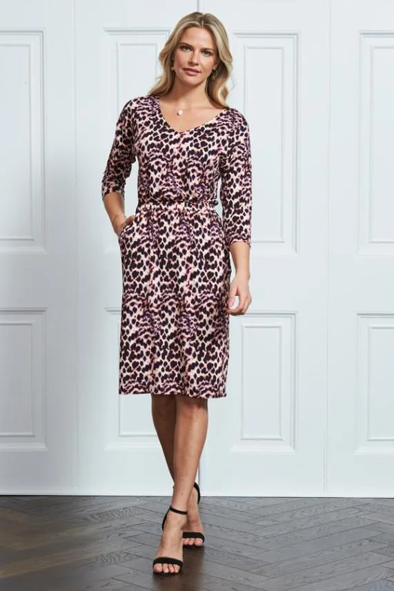 Sosandar Pink and Black Animal Print Stretch Waist Dress With Pockets Pink Black Women Dresses