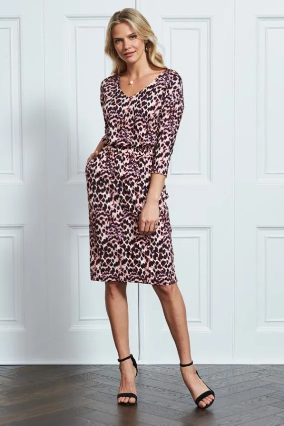 Sosandar Pink and Black Animal Print Stretch Waist Dress With Pockets Pink Black Women Dresses