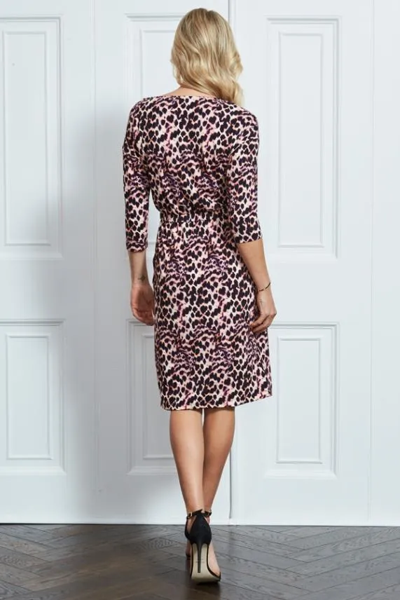 Sosandar Pink and Black Animal Print Stretch Waist Dress With Pockets Pink Black Women Dresses
