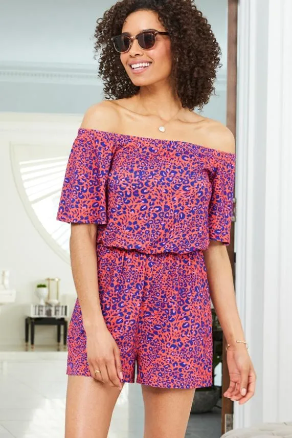 Sosandar Pink and Blue Animal Print Bardot Jersey Playsuit Pink Blue Women Jumpsuits and Playsuits Sosandar Pink and Blue Animal Print Bardot Jersey Playsuit Pink Blue Women Jumpsuits and Playsuits