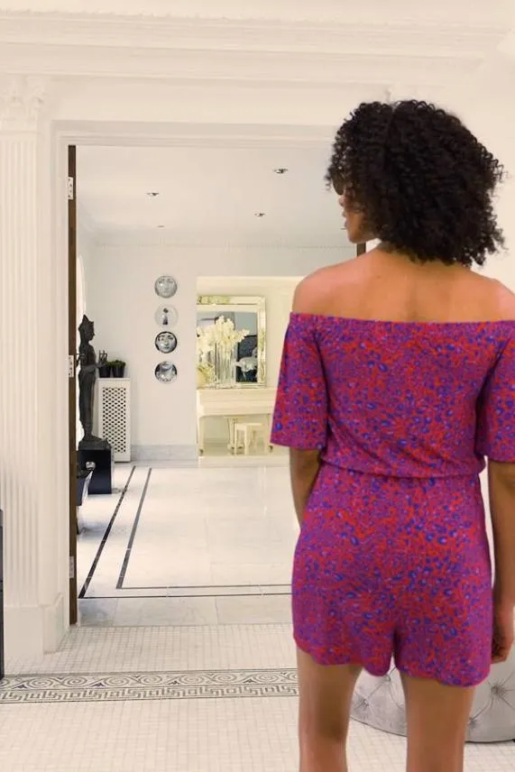 Sosandar Pink and Blue Animal Print Bardot Jersey Playsuit Pink Blue Women Jumpsuits and Playsuits