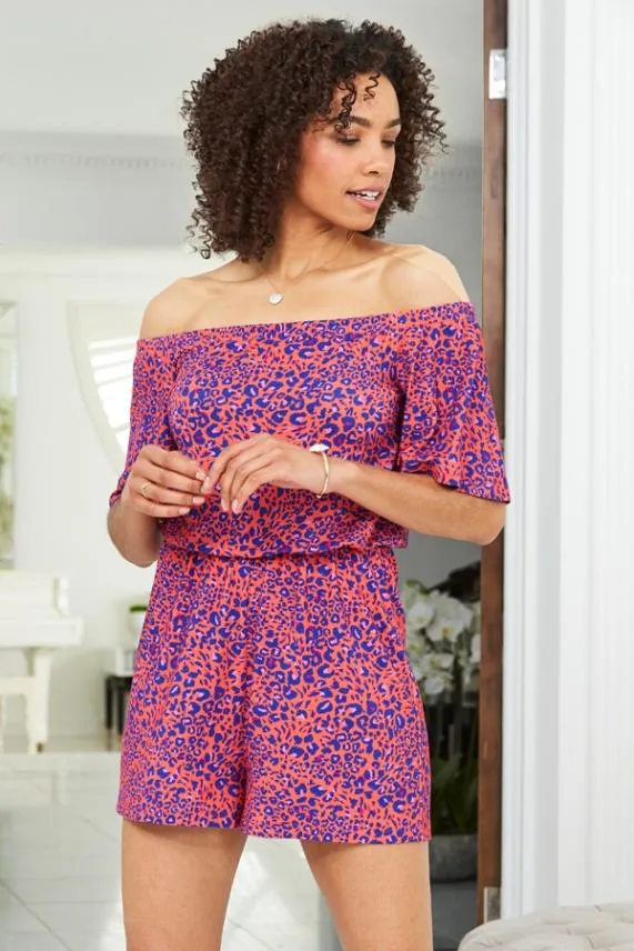 Sosandar Pink and Blue Animal Print Bardot Jersey Playsuit Pink Blue Women Jumpsuits and Playsuits