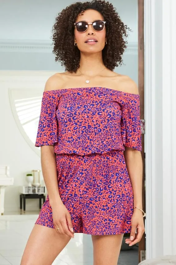 Sosandar Pink and Blue Animal Print Bardot Jersey Playsuit Pink Blue Women Jumpsuits and Playsuits