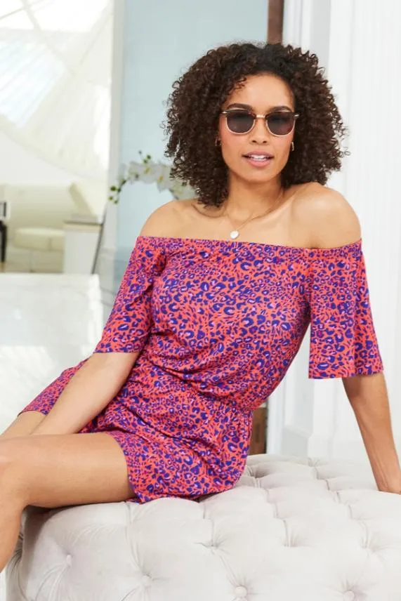 Sosandar Pink and Blue Animal Print Bardot Jersey Playsuit Pink Blue Women Jumpsuits and Playsuits