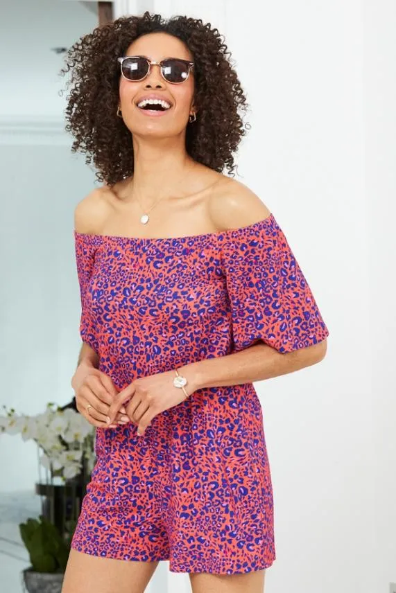 Sosandar Pink and Blue Animal Print Bardot Jersey Playsuit Pink Blue Women Jumpsuits and Playsuits