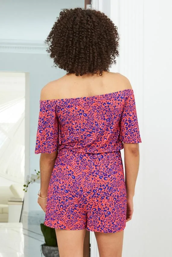 Sosandar Pink and Blue Animal Print Bardot Jersey Playsuit Pink Blue Women Jumpsuits and Playsuits