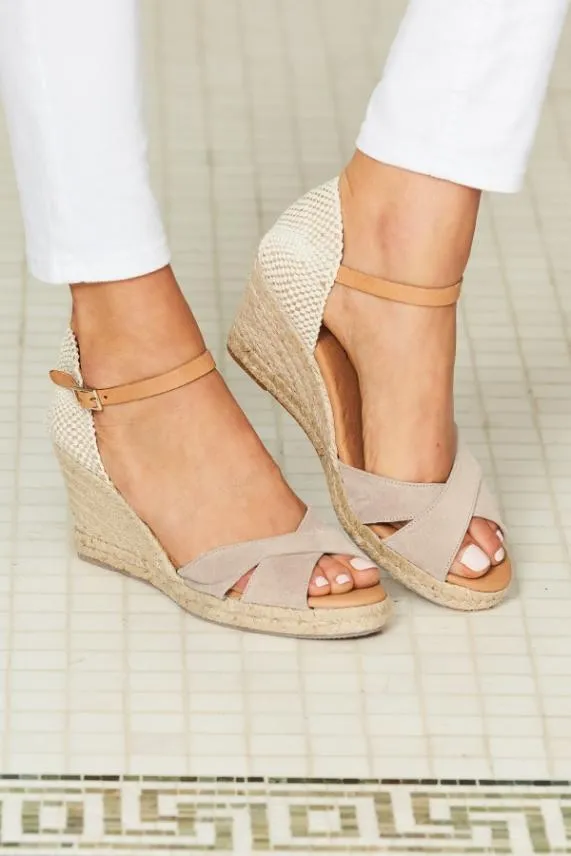Sosandar Piper Sand Suede Ankle Strap Mid Wedge Espadrille Women Wedges