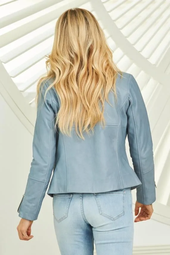 Sosandar Powder Blue Leather Biker Jacket Powder Blue Women Jackets and Coats
