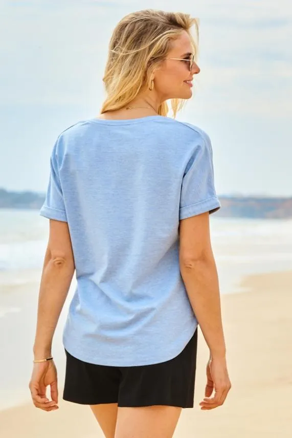 Sosandar Powder Blue Marl V Neck Boyfriend T Shirt Powder Blue Women Leisurewear