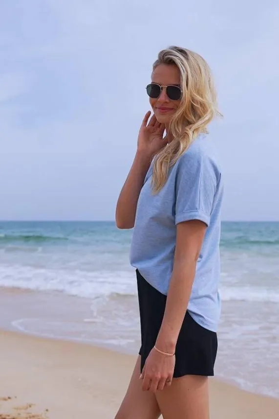 Sosandar Powder Blue Marl V Neck Boyfriend T Shirt Powder Blue Women Leisurewear