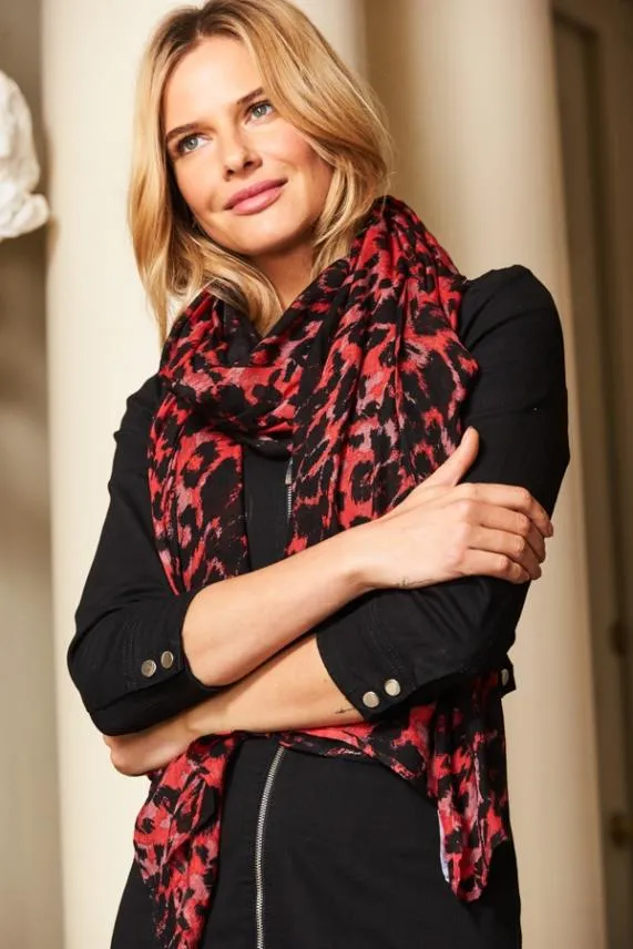 Sosandar Red and Black Animal Print Scarf Red Black Women Hats Scarves and Gloves