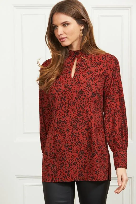 Sosandar Red and Black Spot Print Keyhole Detail Relaxed Fit Top Red Black Women Tops