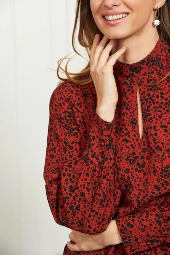 Sosandar Red and Black Spot Print Keyhole Detail Relaxed Fit Top Red Black Women Tops