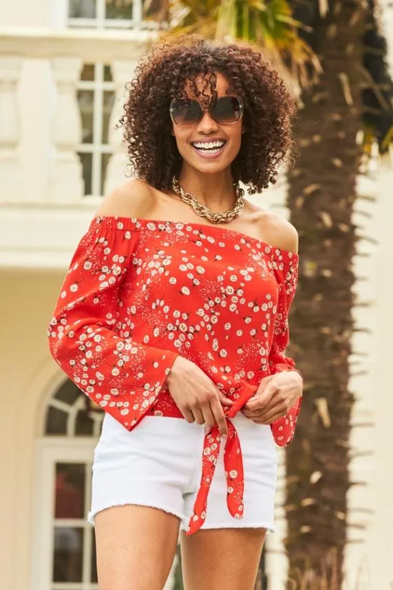 Sosandar Red and White Daisy Print Tie Front Bardot Top Red White Women Tops