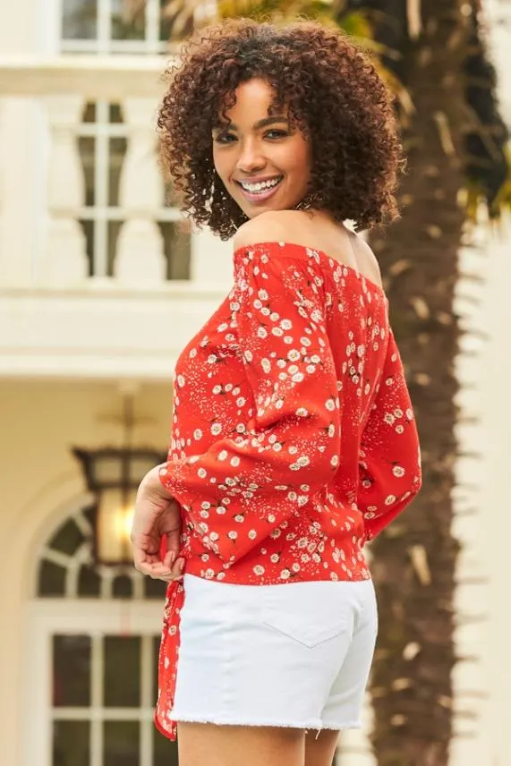 Sosandar Red and White Daisy Print Tie Front Bardot Top Red White Women Tops