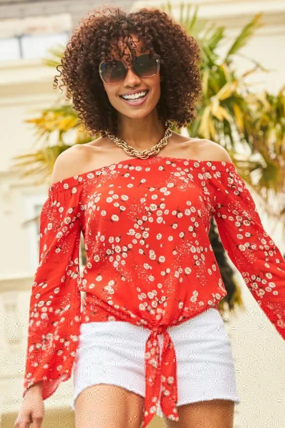 Sosandar Red and White Daisy Print Tie Front Bardot Top Red White Women Tops