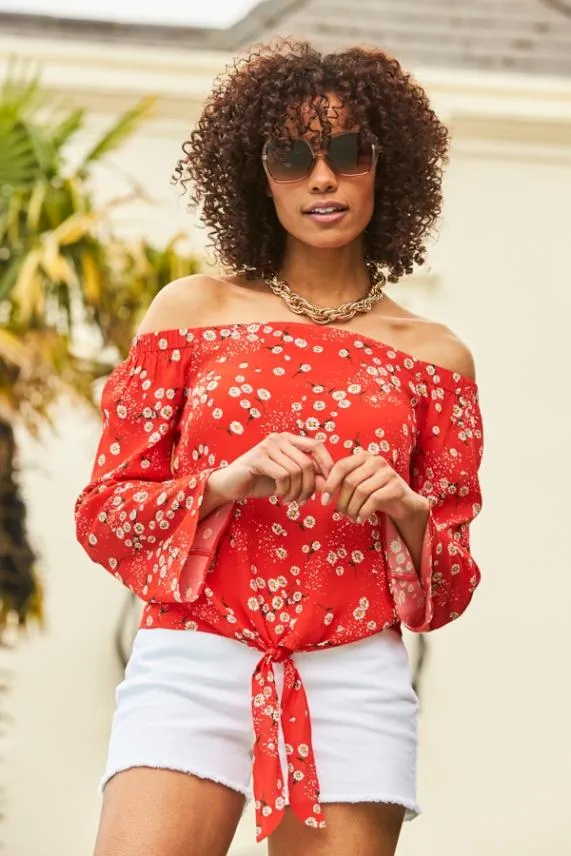 Sosandar Red and White Daisy Print Tie Front Bardot Top Red White Women Tops