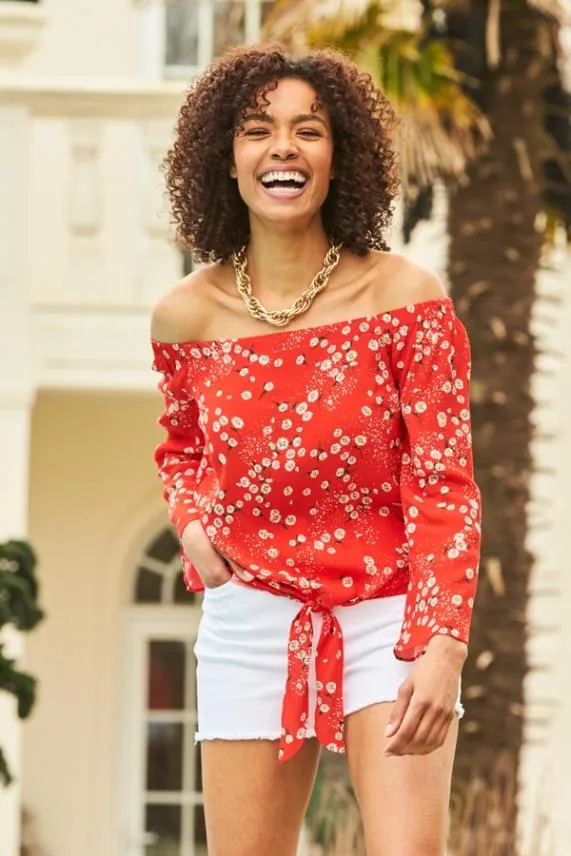 Sosandar Red and White Daisy Print Tie Front Bardot Top Red White Women Tops