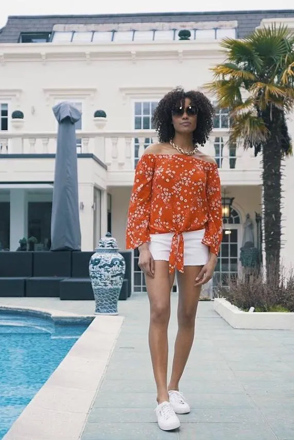 Sosandar Red and White Daisy Print Tie Front Bardot Top Red White Women Tops