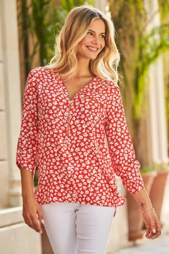 Sosandar Red and White Ditsy Floral Print Tunic Top Red White Women Tops