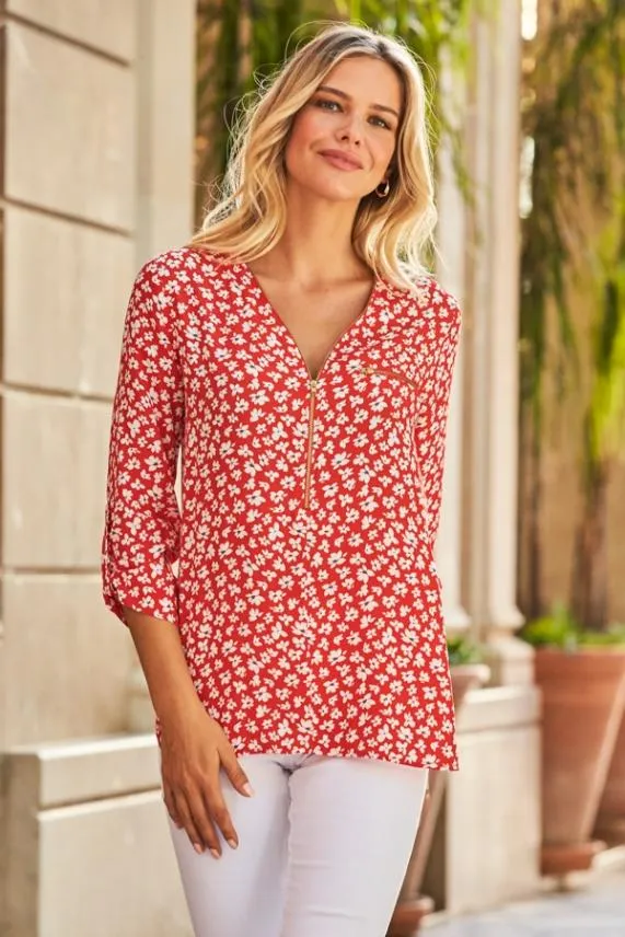 Sosandar Red and White Ditsy Floral Print Tunic Top Red White Women Tops