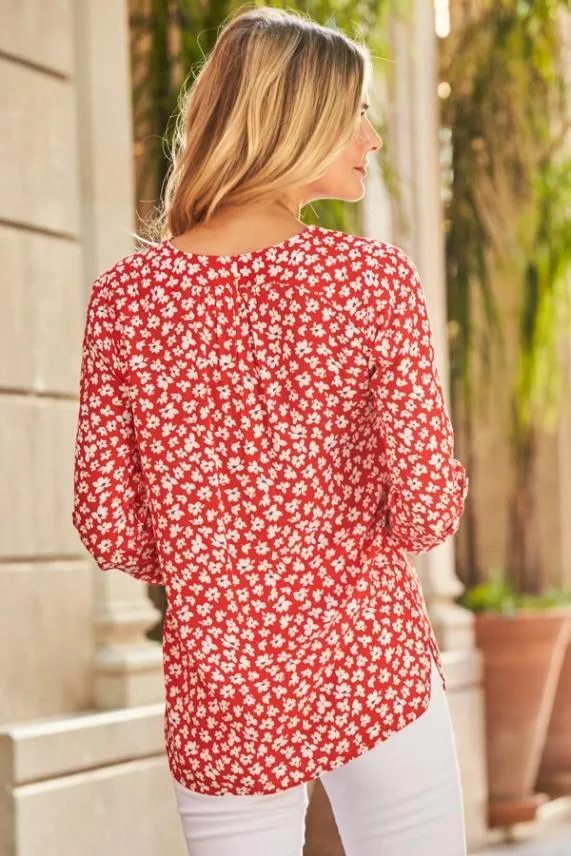 Sosandar Red and White Ditsy Floral Print Tunic Top Red White Women Tops