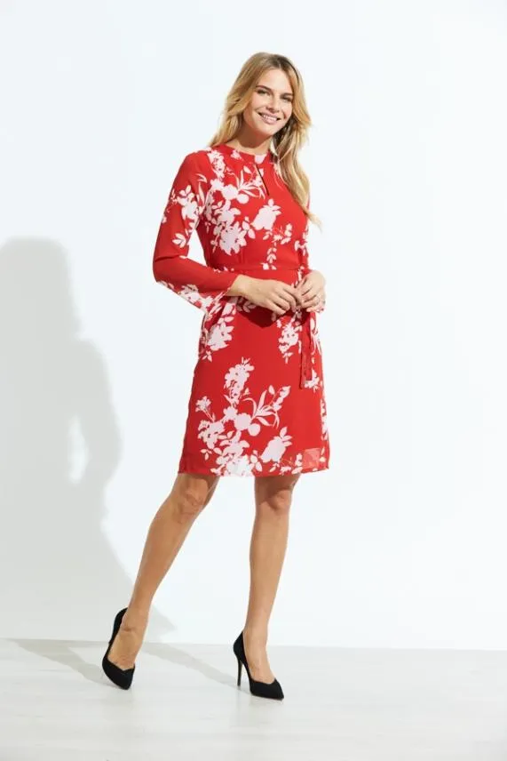Sosandar Red and White Floral Print Belted Shift Dress Red White Women Dresses