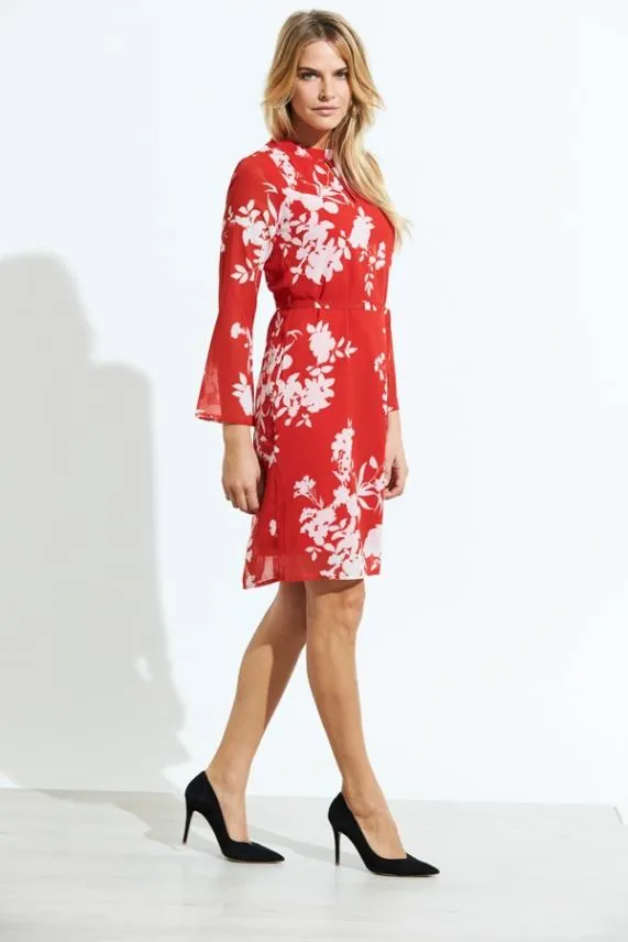 Sosandar Red and White Floral Print Belted Shift Dress Red White Women Dresses