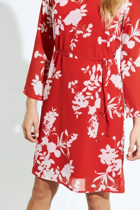 Sosandar Red and White Floral Print Belted Shift Dress Red White Women Dresses