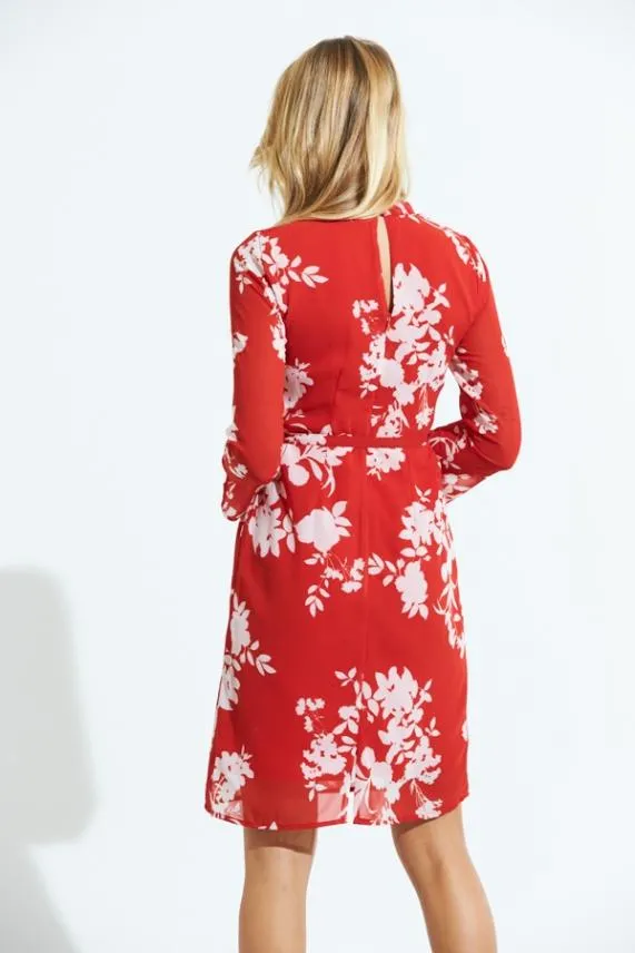 Sosandar Red and White Floral Print Belted Shift Dress Red White Women Dresses