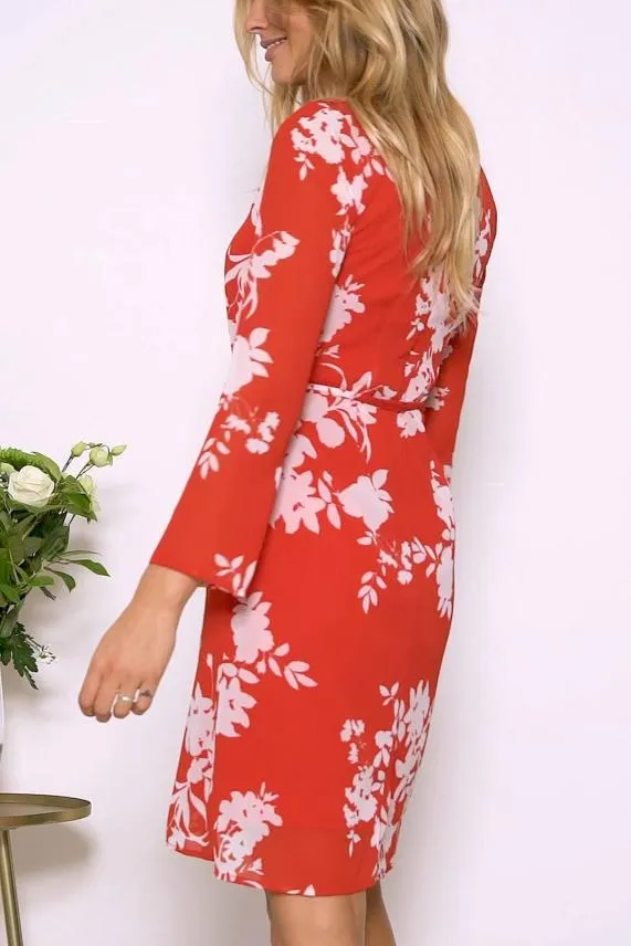 Sosandar Red and White Floral Print Belted Shift Dress Red White Women Dresses