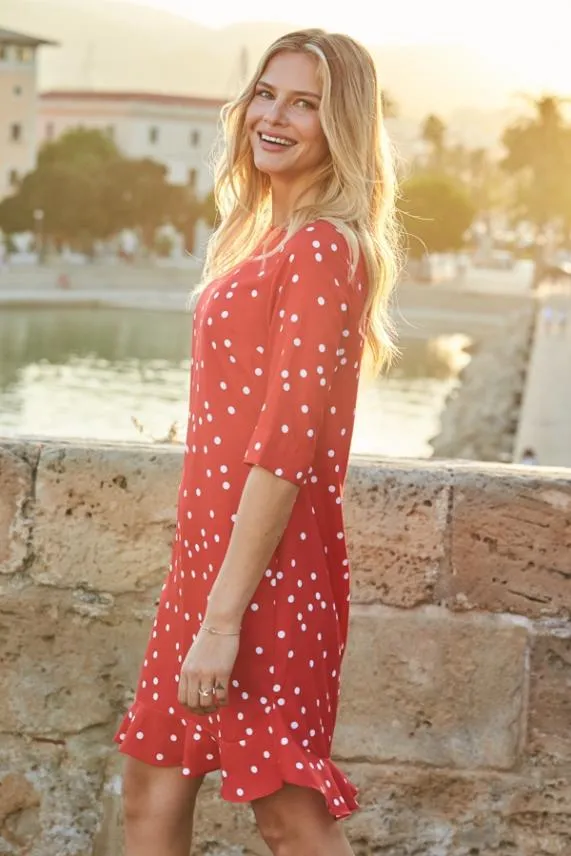 Sosandar Red and White Spot Print Ruffle Hem Shift Dress Red White Women Dresses