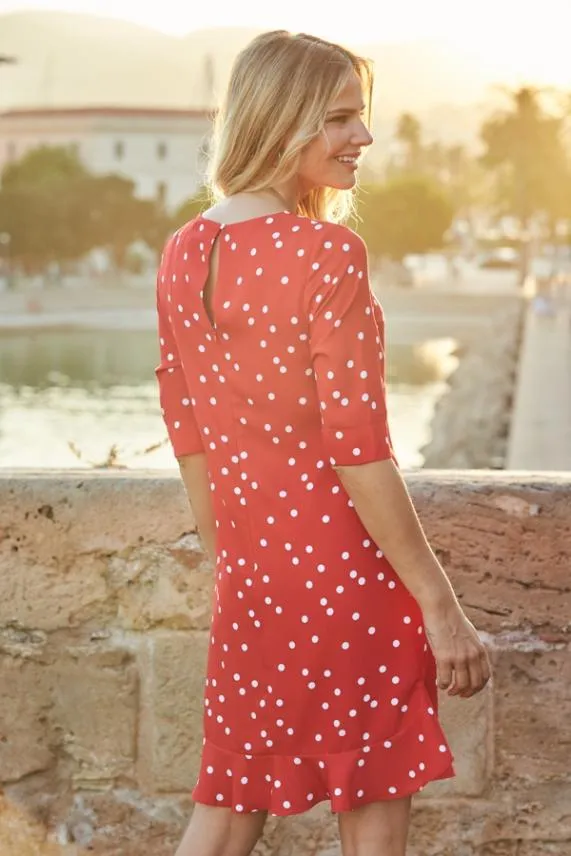 Sosandar Red and White Spot Print Ruffle Hem Shift Dress Red White Women Dresses