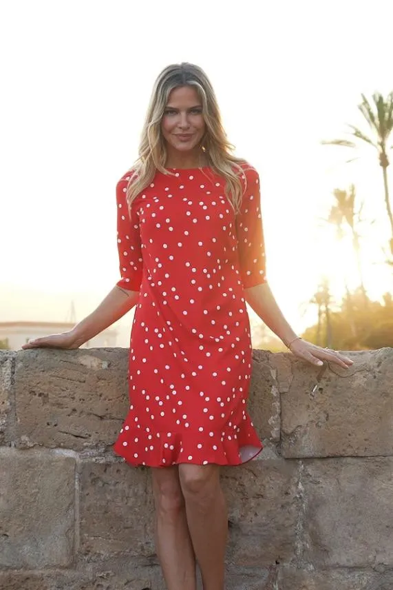 Sosandar Red and White Spot Print Ruffle Hem Shift Dress Red White Women Dresses
