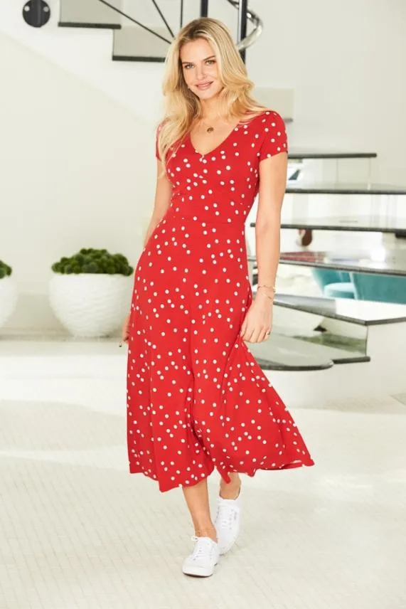 Sosandar Red and White Spot Print Short Sleeve Jersey Midi Dress Red White Women Dresses Sosandar Red and White Spot Print Short Sleeve Jersey Midi Dress Red White Women Dresses